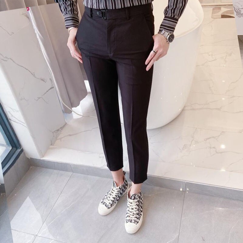 Menn business casual slim fit dressbukse herre ensfarget vintage ankellange buksebukser smart casual glidelåsgylf 1114: Svart / 31