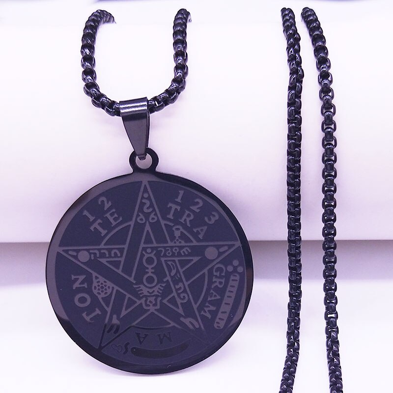 Colliers de chaîne en acier inoxydable pour hommes, pentagramme de sorcellerie, couleur or, pendentifs Tetragrammaton, bijoux, cadenas N1163S: Imitation plaquée rhodium