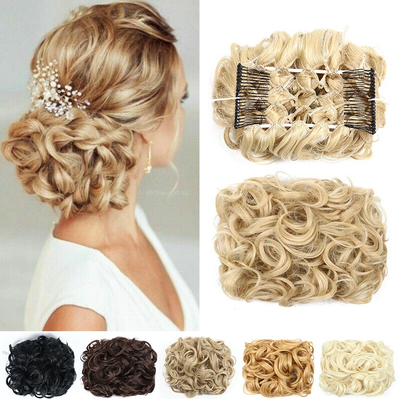 Large Comb Clip In Curly Synthetic Hair Pieces Chignon Updo Cover Extension Hair Bun Retro Style Women's Wedding Hairpiece
