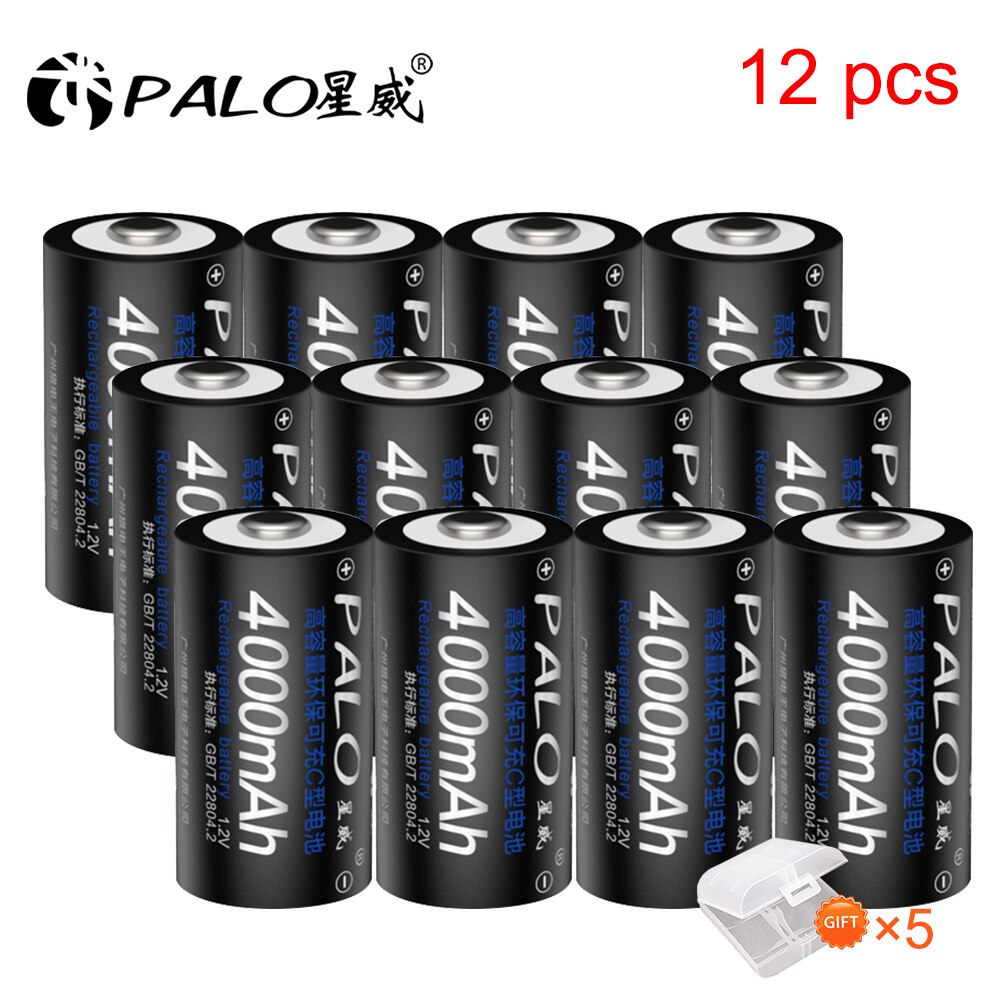 PALO 1-12 Uds tamaño C batería recargable tipo C LR14 batería 1,2 V NI-MH recargable C batería 4000mAh baja autodescarga: 12pcs C battery