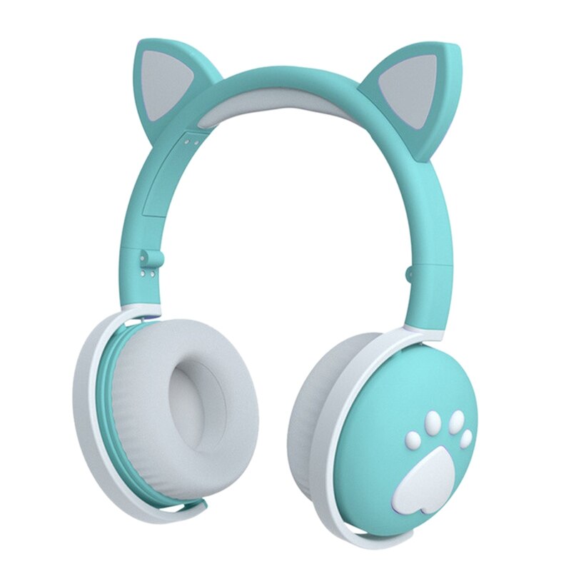 Cat Headset with Mic Kids Bluetooth 5.0 Cute LED Light Noise Stereo: Green
