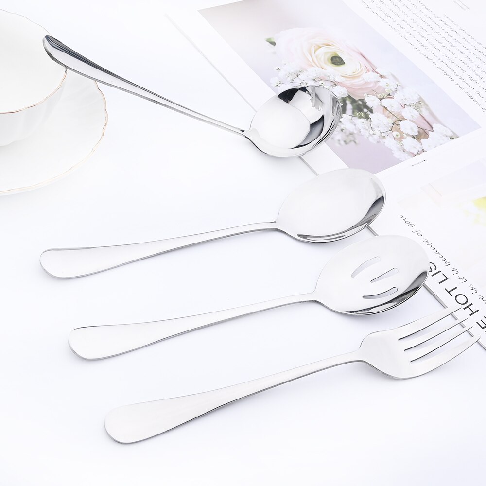 5Pcs Silver Dinnerware Set Stainless Steel Cutlery Service Utensils Buffet Catering Cake Spatula Service Spoon Fork Flatware Set