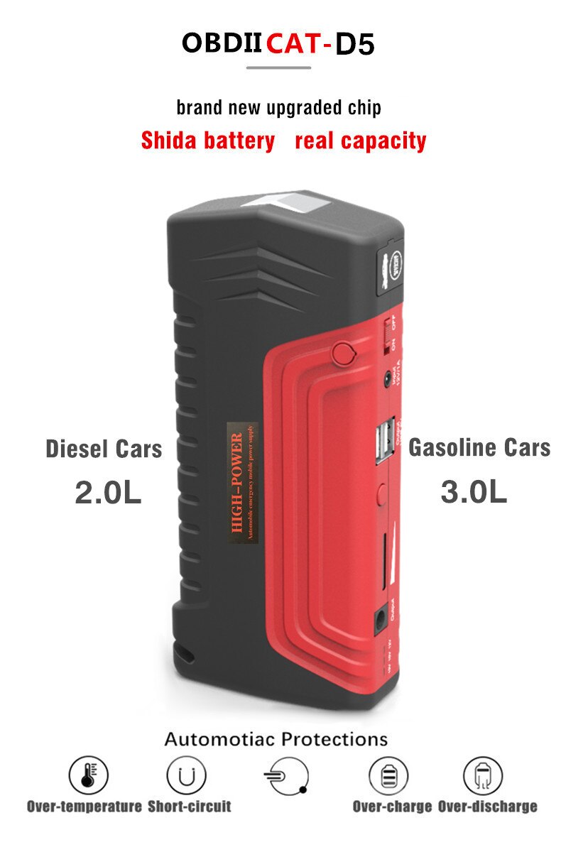 OBDIICAT D5 Car Jump Starter 12V Portable Booster Power Bank Car Emergency Jumpstarter Charge starting Auto Battery Buster