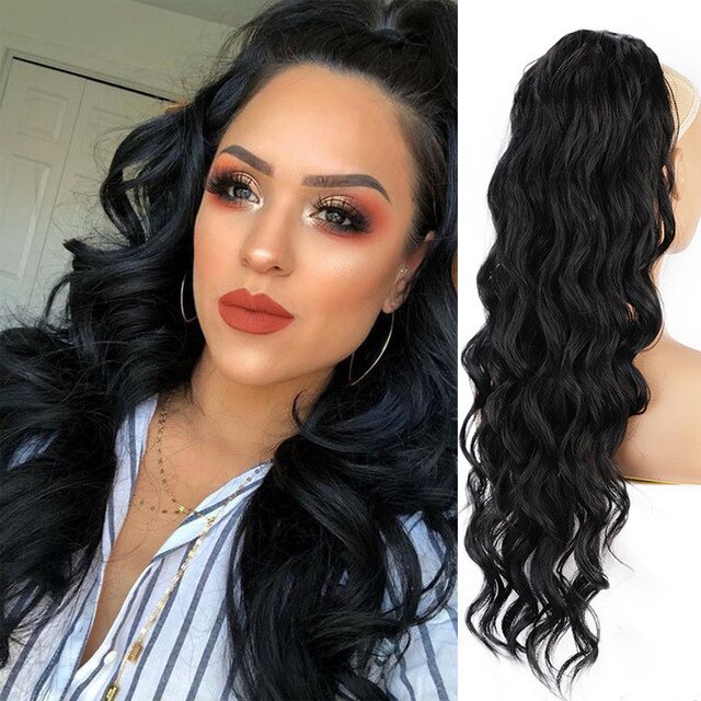 Antoniah Long Wavy Drawstring Ponytail Clip in Ponytail Extensions Black Wrap Around Ponytail Synthetic Hairpiece for Women