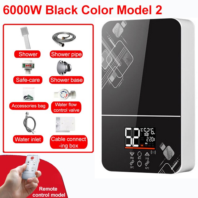 Remote Instantaneous Tankless Electric Water Heater Kitchen Instant Heating Faucet Tap Bathroom Shower Temperature Setting: Black model 2