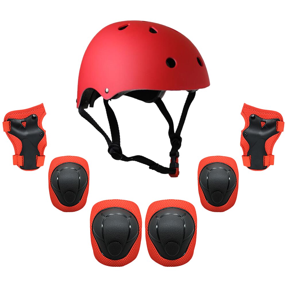 Børns multisport beskyttelsesudstyr sæt 7 in 1 beskyttelsesudstyr hjelmpads sæt til scooter skateboard rulleskøjter cykling: Rød