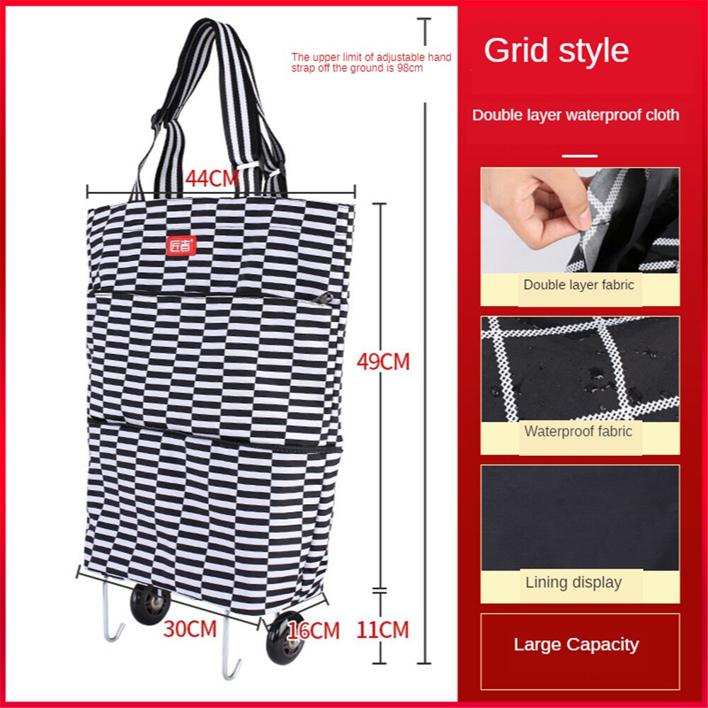 B-LIFE Large Rolling Shopper Tote Bag Folding Shopping Bags with Wheels Foldable Trolley Cart Reusable Grocery Waterproof: Black