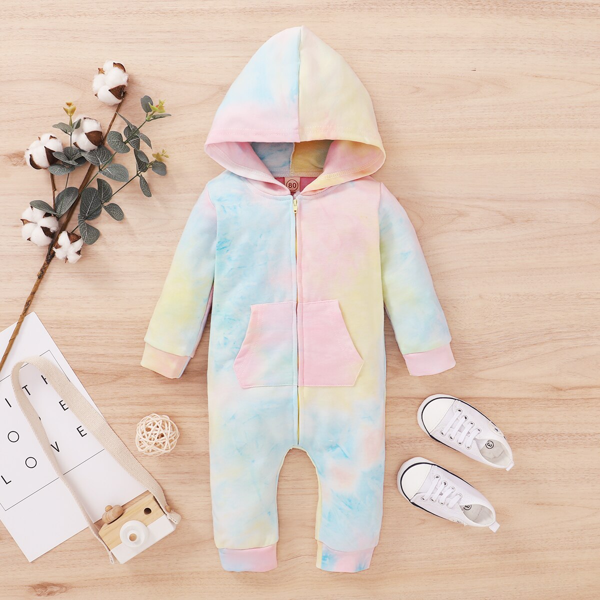 Mise au point 0-18M cravate-teinture imprimé bébé filles garçons barboteuses fermeture éclair manches longues à capuche automne combinaisons 3 couleurs