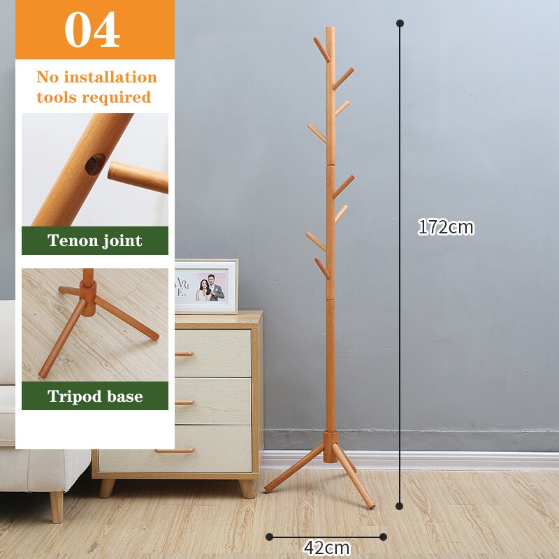 Solid Wood Coat Rack, Floor-to-Ceiling Bedroom Hanger, Single Pole Vertical Clothes Rack, Home Office Simple Hanging: 04
