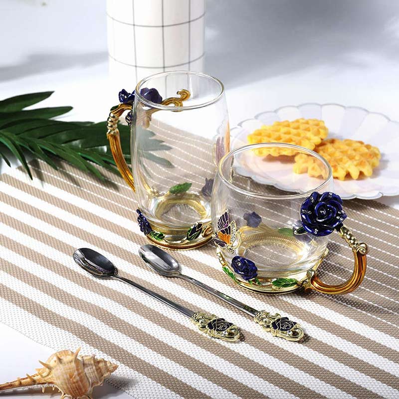 350ml emalj 3d fjärilsros kaffekopp värmebeständig blomma te glas kopp sked set dricksglas bröllop