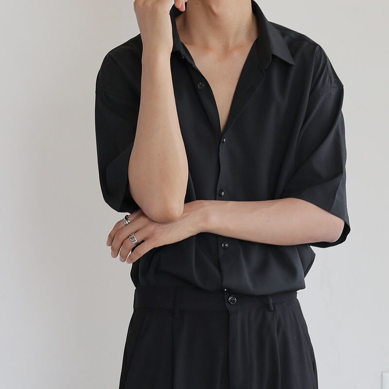 Sommer Kurzarm Hemden Männer Dünne Luxus verlieren halb-ärmeln Koreanische lässig Alle-spiel Dunkle Grün Harajuku Shirt Geschäft Formale: Schwarz / XXL