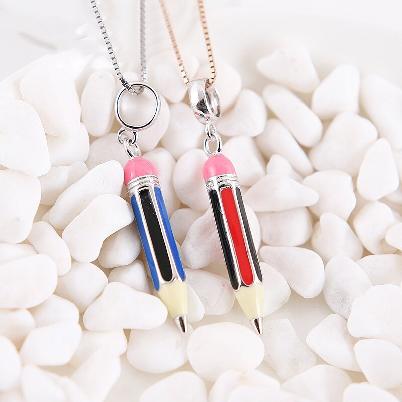 Authentieke 100% 925 Sterling Silver Bead Charm Potlood School Hanger Email Charmes Fit Armbanden Vrouwen Diy Sieraden