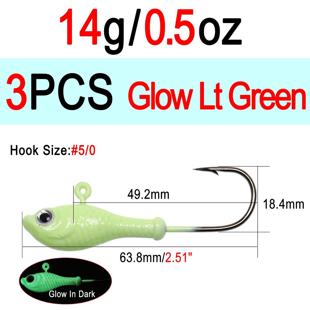 ICERIO 3 stücke 10g 14g 28g glühen Angeln Locken Metall Swimbait Jig Köpfe Haken Bucktail Jig Köpfe salzwasser Wackeln Köder Halfter Haken: 3Stck 14g Gl Lt Grün