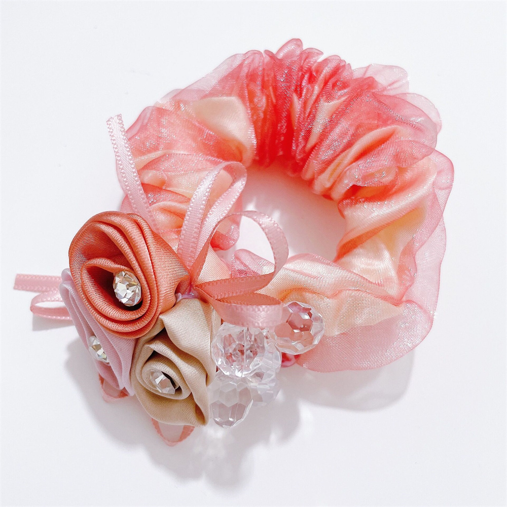 coreana, cuerda para el cabello con perlas, banda para el cabello con flores rosas, lazos para el cabello con diamantes de imitación, banda de goma, joyería para el cabello, accesorios para el cabello para mujer: Rojo