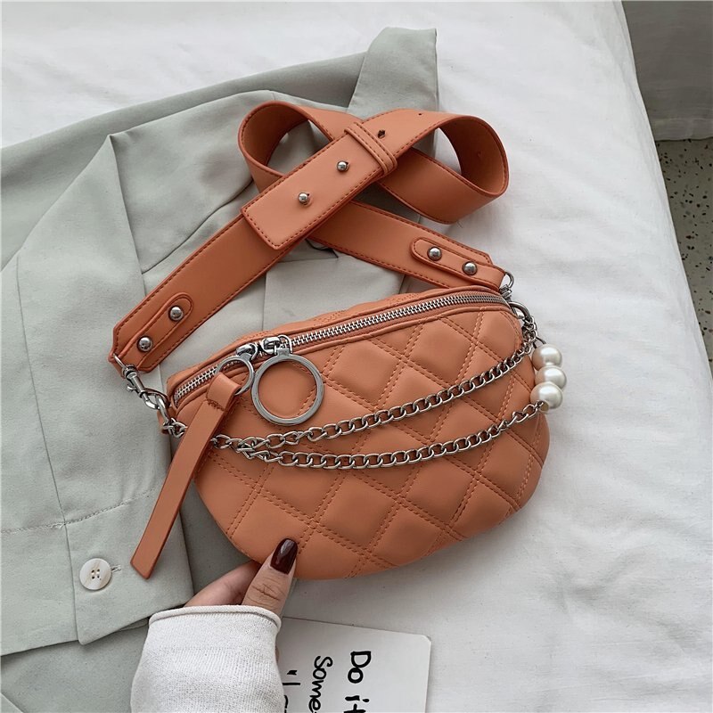 Small Solid Color Crossbody Bags For Women Pearl Summer Shoulder Bags Female Phone Purses Chain Handbags: Orange