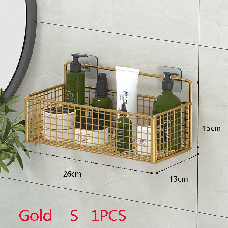 Black Wall-mounted bathroom shelf organizer Shampoo Rack Toilet Accessories Kitchen Free Punch Condiment Storage Basket: Gold  S 1PCS