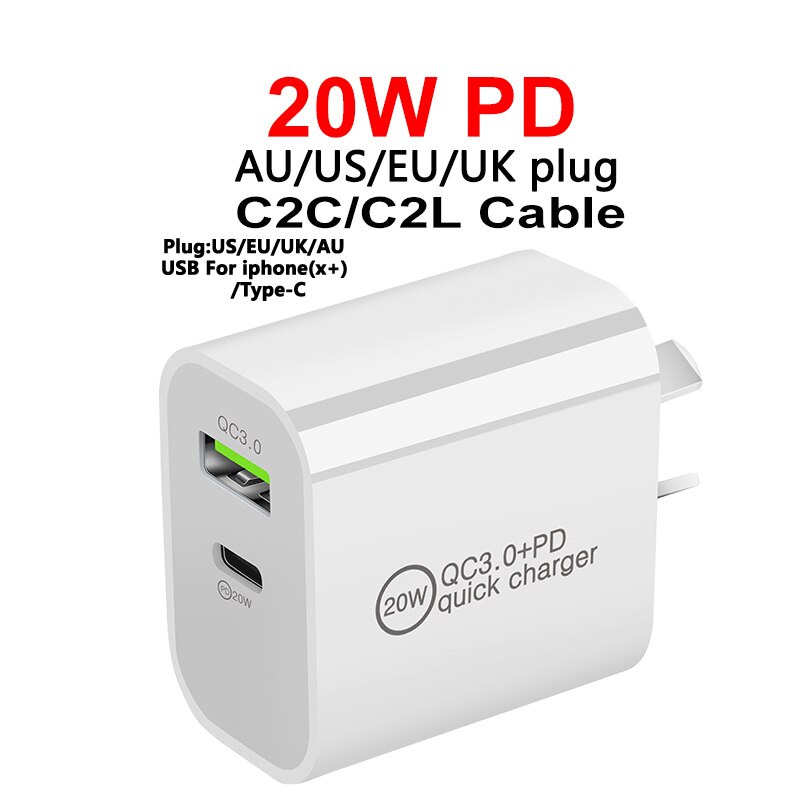 USB fast charge plug PD 5V3A 9V2A QC3.0 Mobile phone tablet charge cable For UK/AU/US/EU For iPhone/Type-C 20W Office charger