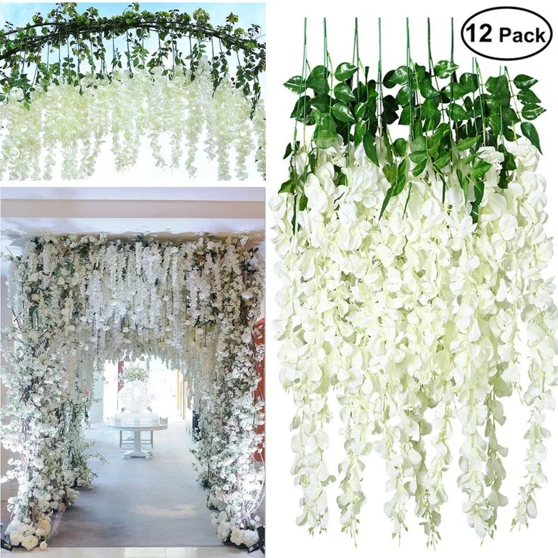 12 pçs flores artificiais de glicínias ratta extra longo grosso videira pendurado guirlanda de seda glicínias para festa em casa decoração de casamento