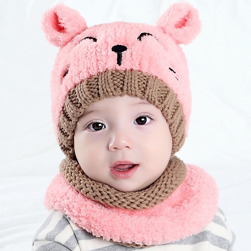Baby peuter meisjes jongens warme muts winter muts capuchon sjaal oorkleppen gebreide muts baby muts set: Roze