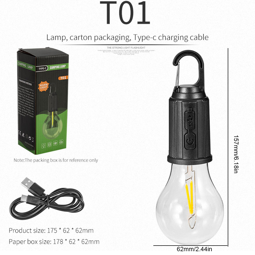 Bombillas de lámpara LED para acampada, linterna portátil de 600mAh con gancho, recargable por USB, lámpara colgante para tienda de campaña, luz de trabajo de emergencia, 1/2 uds.: Castaño / 2,5 W