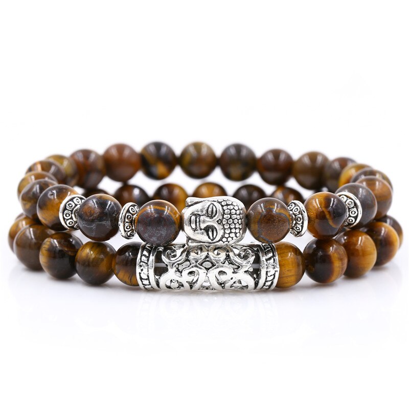 2PCS/Set Buddha Head Charm Natural 8mm Stone Beads Bracelet Sets For Women Men Braiding Macrame Bracelet Set Charm Bangle