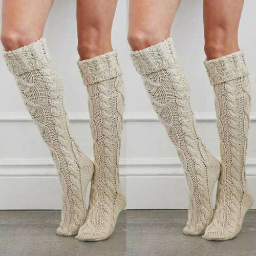 Kvinder dame kabelstrik over knæ lang støvle vinter varme lårhøje bløde strømper efterår vinter sokker: Beige