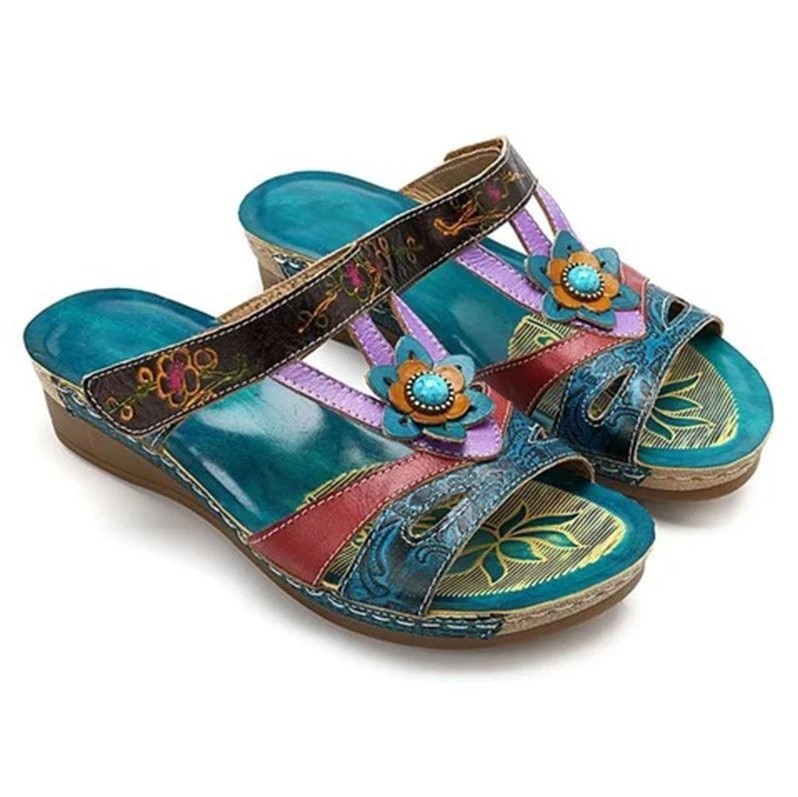 Sandales à talons pour femmes, pantoufles ethniques à fleurs, chaussures d'été décontractées, chaussures de plage, tongs, chaussures femme à plateforme