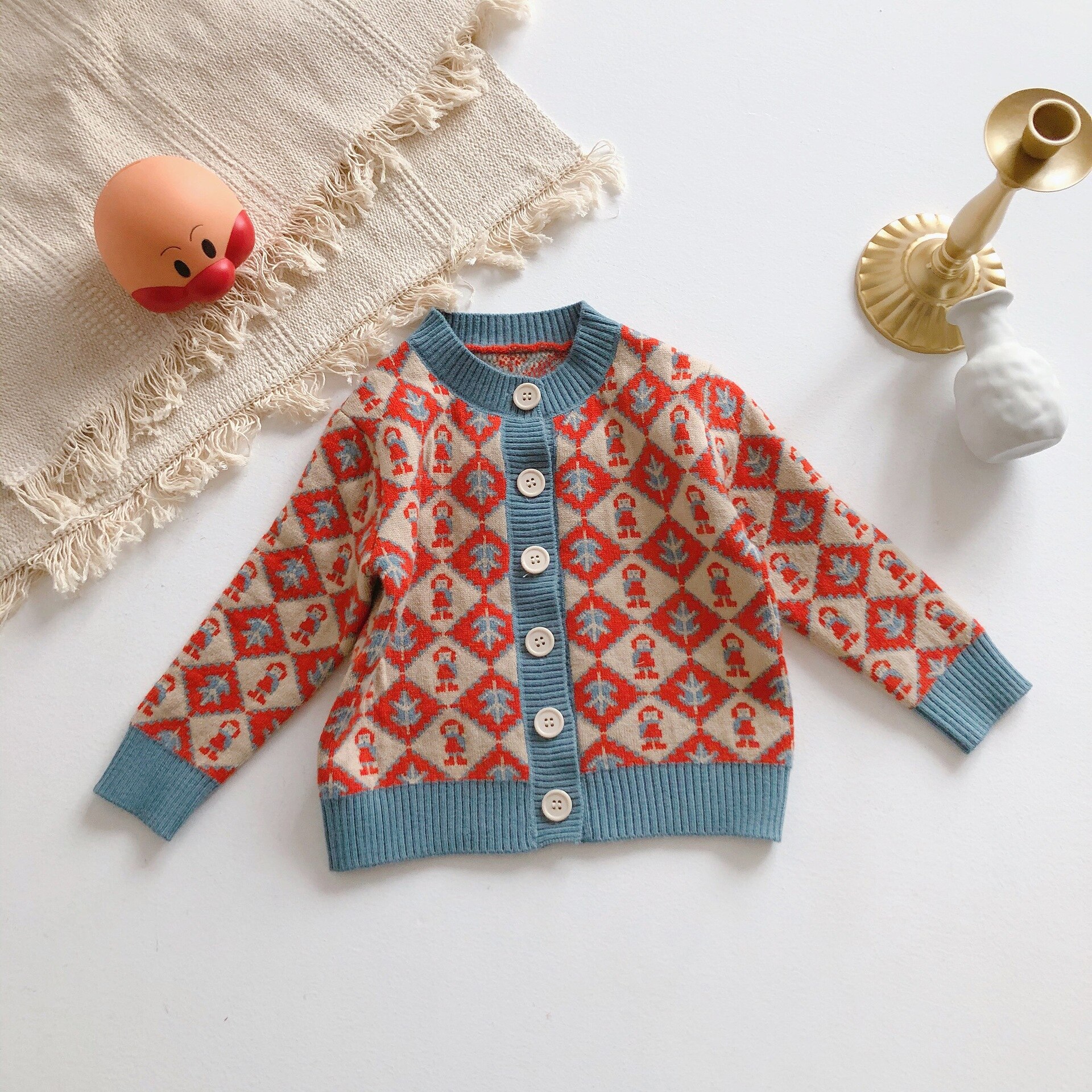 Forårspiger koreansk stil dukke mønster sweater strikket cardigan børn pige tegneserie sweater 2-6 år babyklud: Tag 7-24m