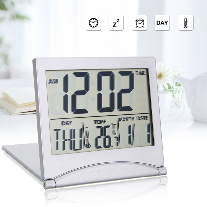 Folding Digital LED Alarm Clock Travel Ultra-thin LCD Screen Table Clock with Thermometer Calendar Electronic Desk Travel Clock