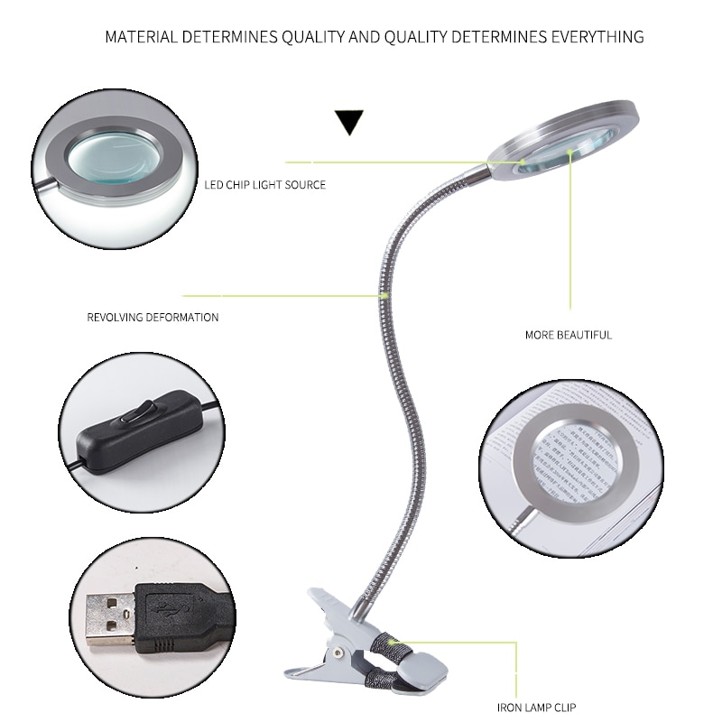 Led skrivebordslampe clip on lys forstørrelsesglas klemme lampe øjenbeskyttelse bordlampe til læsning af tatoveringscomputere og makeup lys