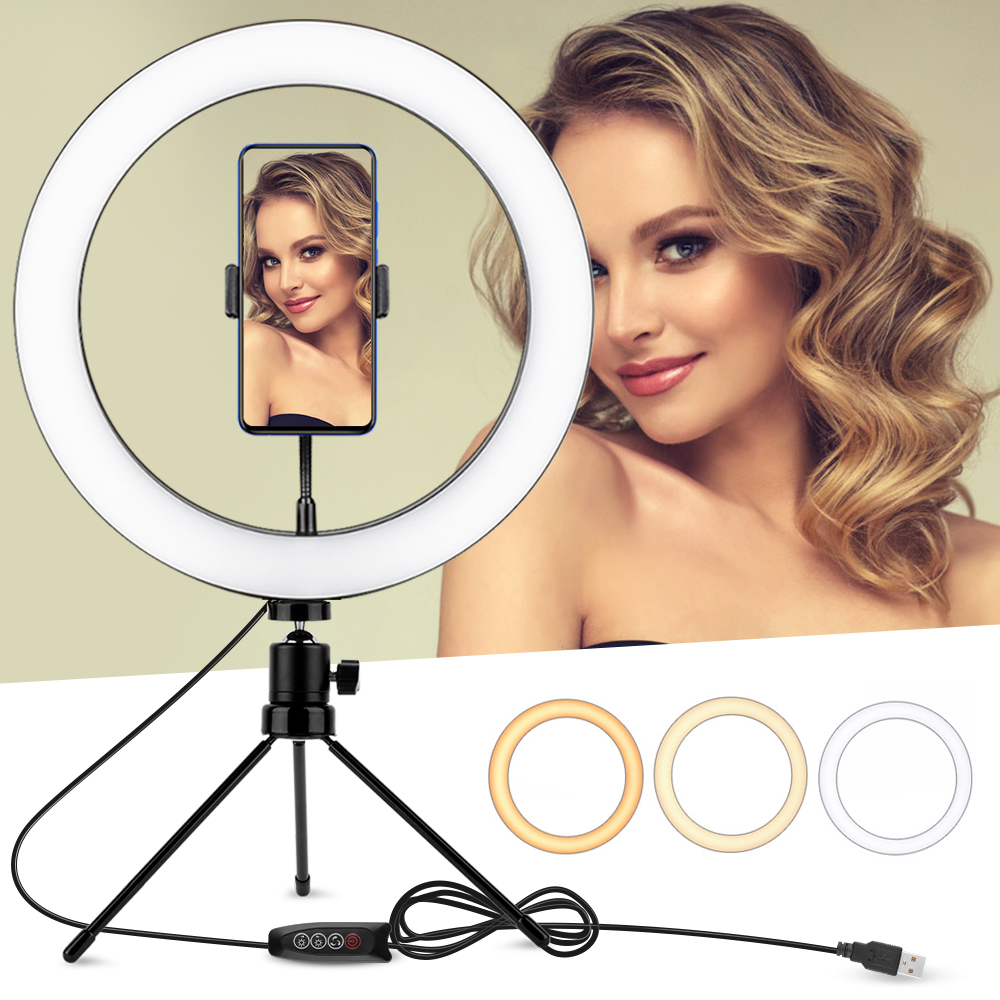 Fotografie LED Selfie Ring Licht 3 Farbe Dimmbare Kamera Telefon Ring Lampe 10 zoll Mit Tisch Stative Für machen-hoch Video Live-Studio: Grau