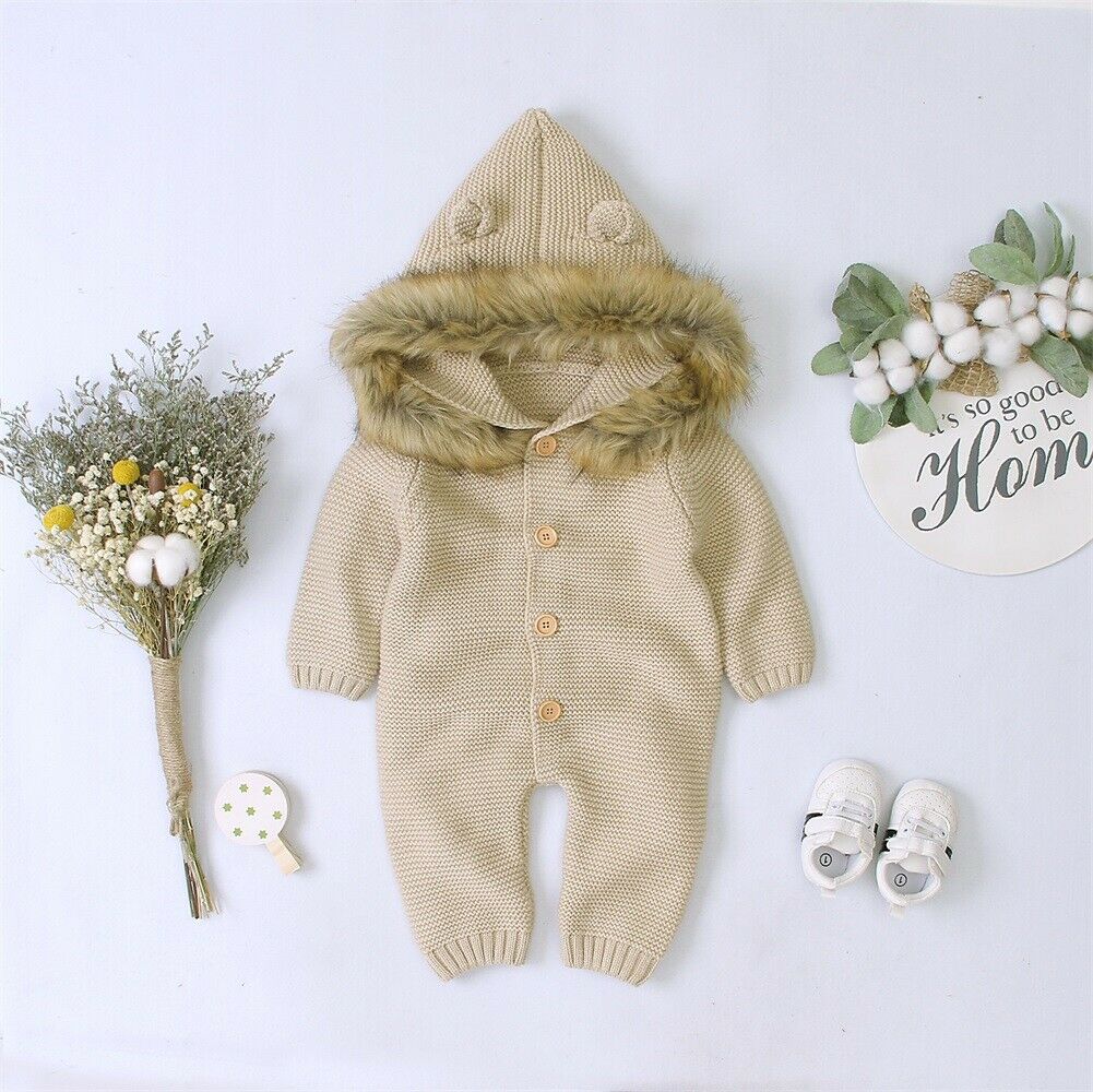 Winter Warme Wolle Stricken Strampler Neugeborene Jungen Mädchen Stricken Kapuzen Overall Outfits Winter Baby Kleidung: Kakifarbig / 24M