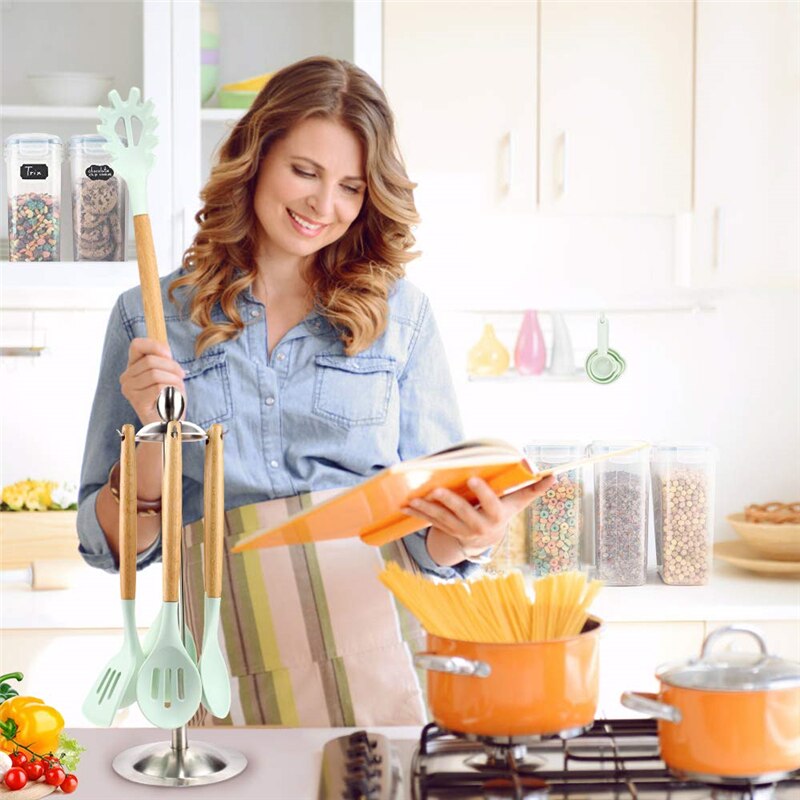 Silicone Cooking Utenils Spatula Spoon Kitchen set Wooden Handle Silicone Kitchenware Set on-Stick Cooker Cooking Spoon
