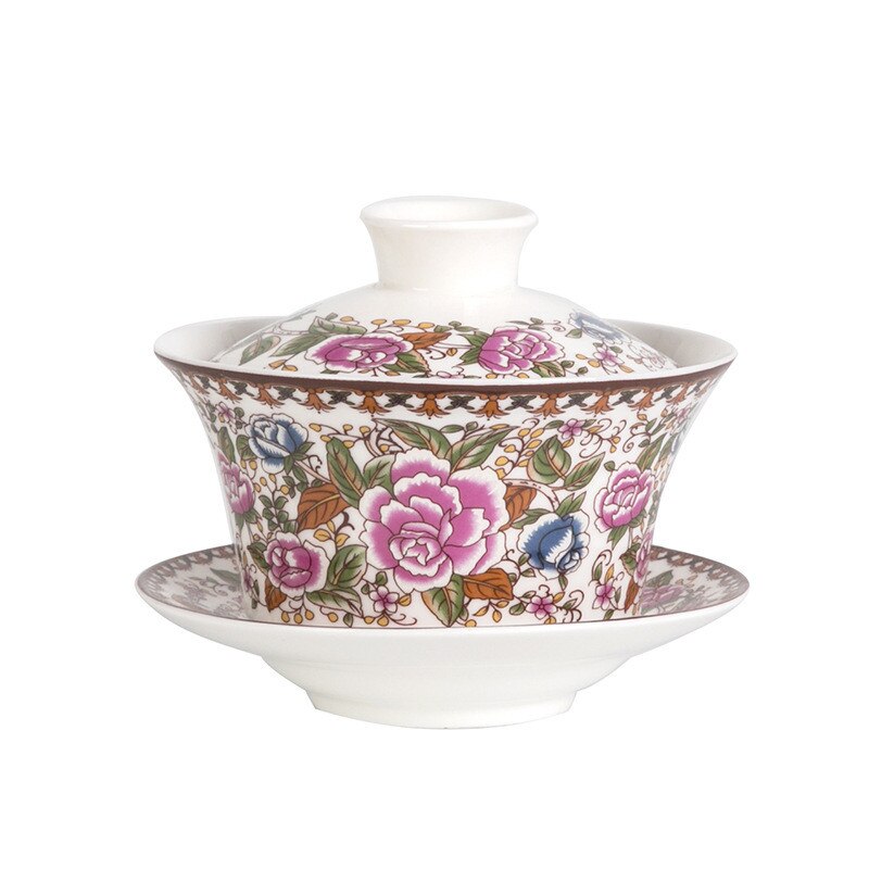 350ml Extra Big Sancai GaiWan Chinese Old Beijing Tea Bowl Jingdezhen Blue and White Porcelain Tea Cup and Saucer Set: Red Peony