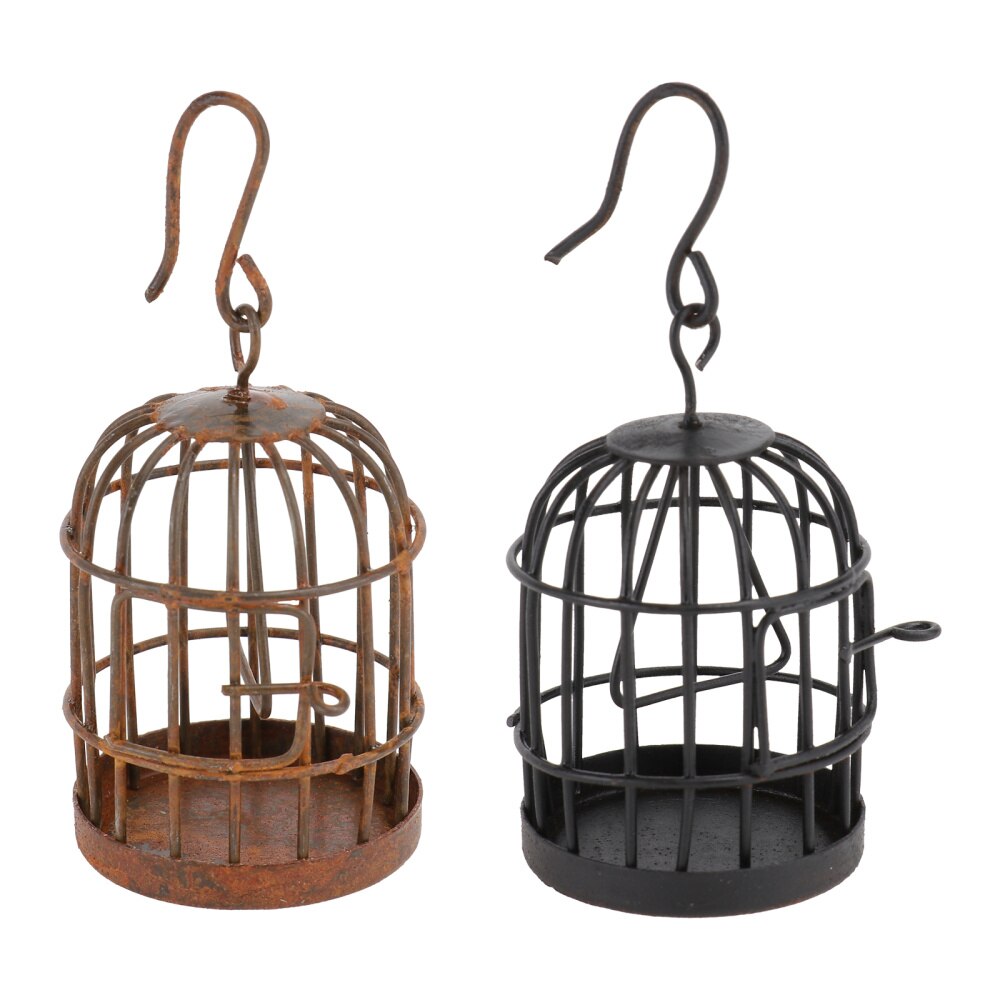 2 Stuks Miniatuur Vogelkooi Decor Tuinieren Birdcage Hanger (Zwart, Bruin)