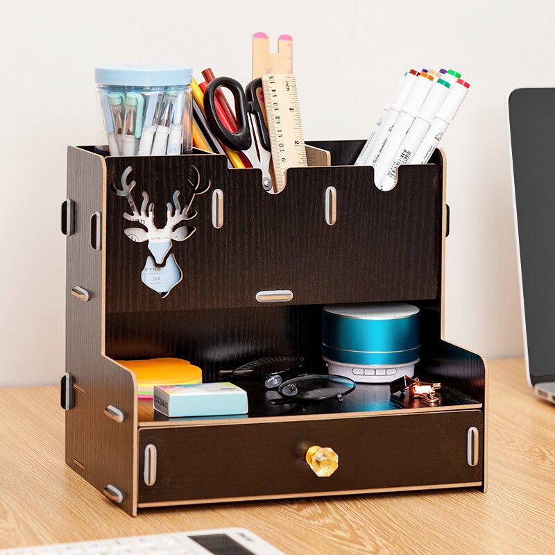 Pen holder Nordic ins storage box creativity office,desk stationery box wooden large capacity rack wooden book box: A black