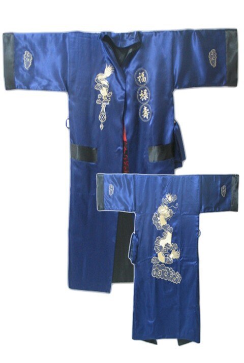Rød sort kinesisk #39 vendbar silke satin broderikåbe kimono badekjole drage one size r -005