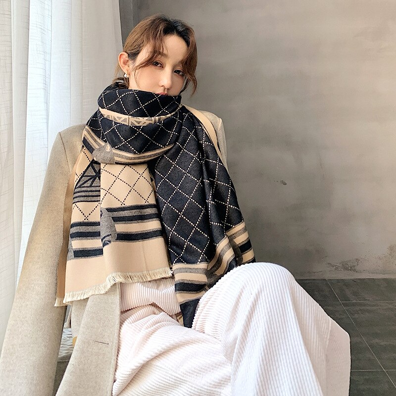Écharpe de luxe noire à carreaux en cachemire pour femme, épaisse, chaude, enveloppe, Pashmina, pour l&#39;hiver: W 01