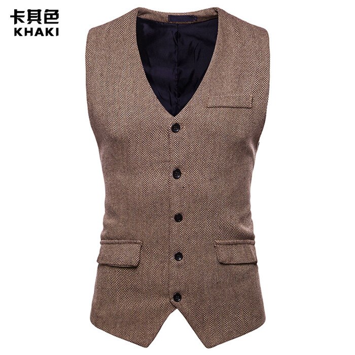 Vintage Bruin Tweed Pak Vest Mannen Mouwloze Visgraat Tweed Smoking Vest Mannen Business Bruiloft Vesten Xxl: khaki / S