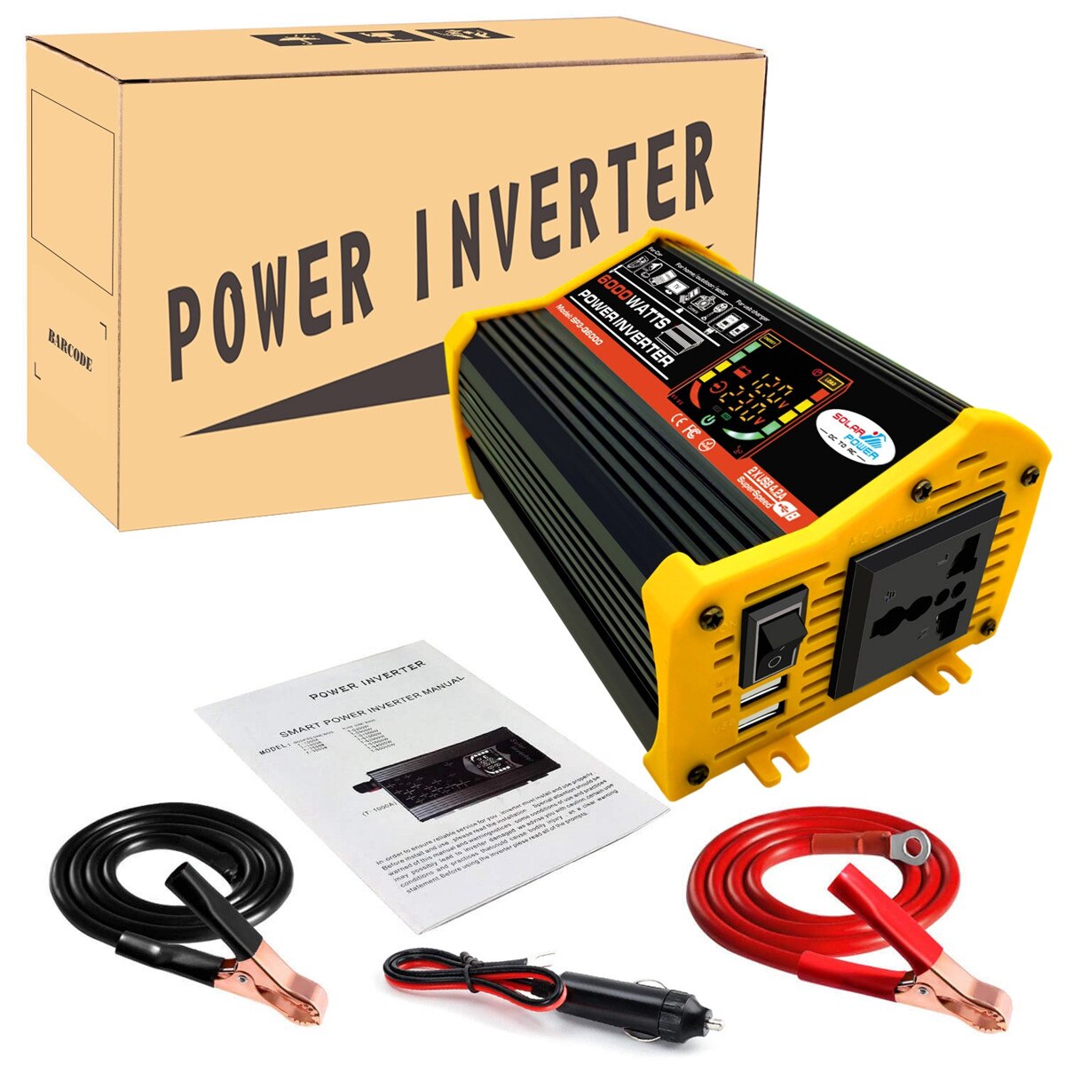 6000w strömriktare modifierad sinusvåg lcd-skärm  dc 12v till  ac 220v dubbla usb-biltransformatorer konvertera eu-uttag