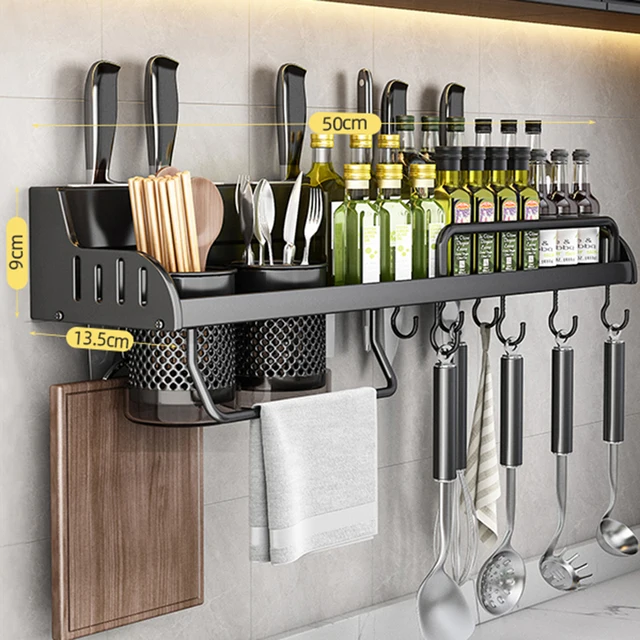 Estante de almacenamiento de cocina, soporte multifuncional para tabla de cortar, estante de pared para especias, estante para utensilios para cocina, soporte para condimentos, organizar: Gris oscuro