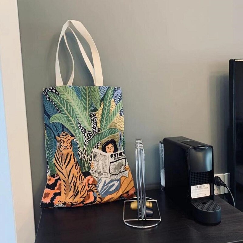 Reusable Shopping Bag Jacquard Canvas Shopping Bag Large Folding Tote Unisex Jacquard Tiger and Reading Girl Canvas Tote Bag