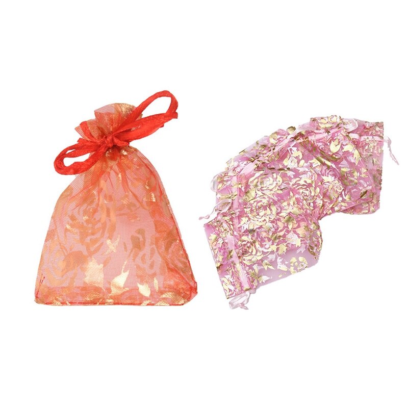 200 stuks 7 x 9cm rozen organza trekkoord sieraden zakjes bruiloft kerstfeest zakjes  - 100 stuks roze & 100 stuks rood