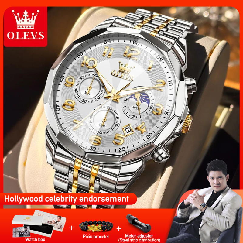 OLEVS 3676 Herenhorloge Quartz Horloge Multifunctionele Chronograaf Waterdicht Lichtgevende Maanfase Horloge Heren Originele Reloj