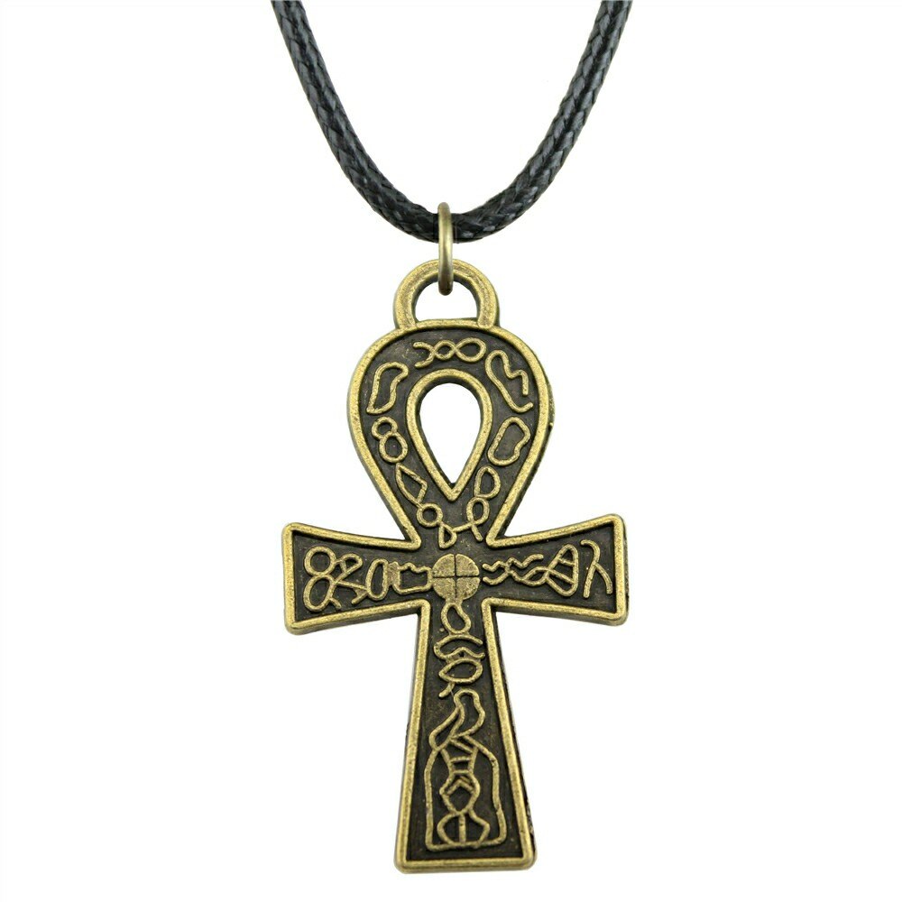 2 Colors Antique Bronze Silver Plated Plated 38x21mm Ankh Cross Pendant Necklace Leather Chain Necklace