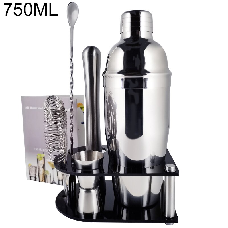 Stainless Steel Cocktail Shaker Set 550/750ml With 15/30ml Measuring Cup Jigger Kit Wine Spoon Strainer Muddler Bar Tools: 7P 750ML Stand