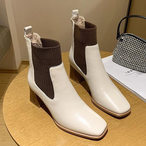 Sko hvide mid-calf støvler støvletter dame støvler-kvinder luksus rund tå lave hæle støvletter chelsea kort efterår: 1 / 38