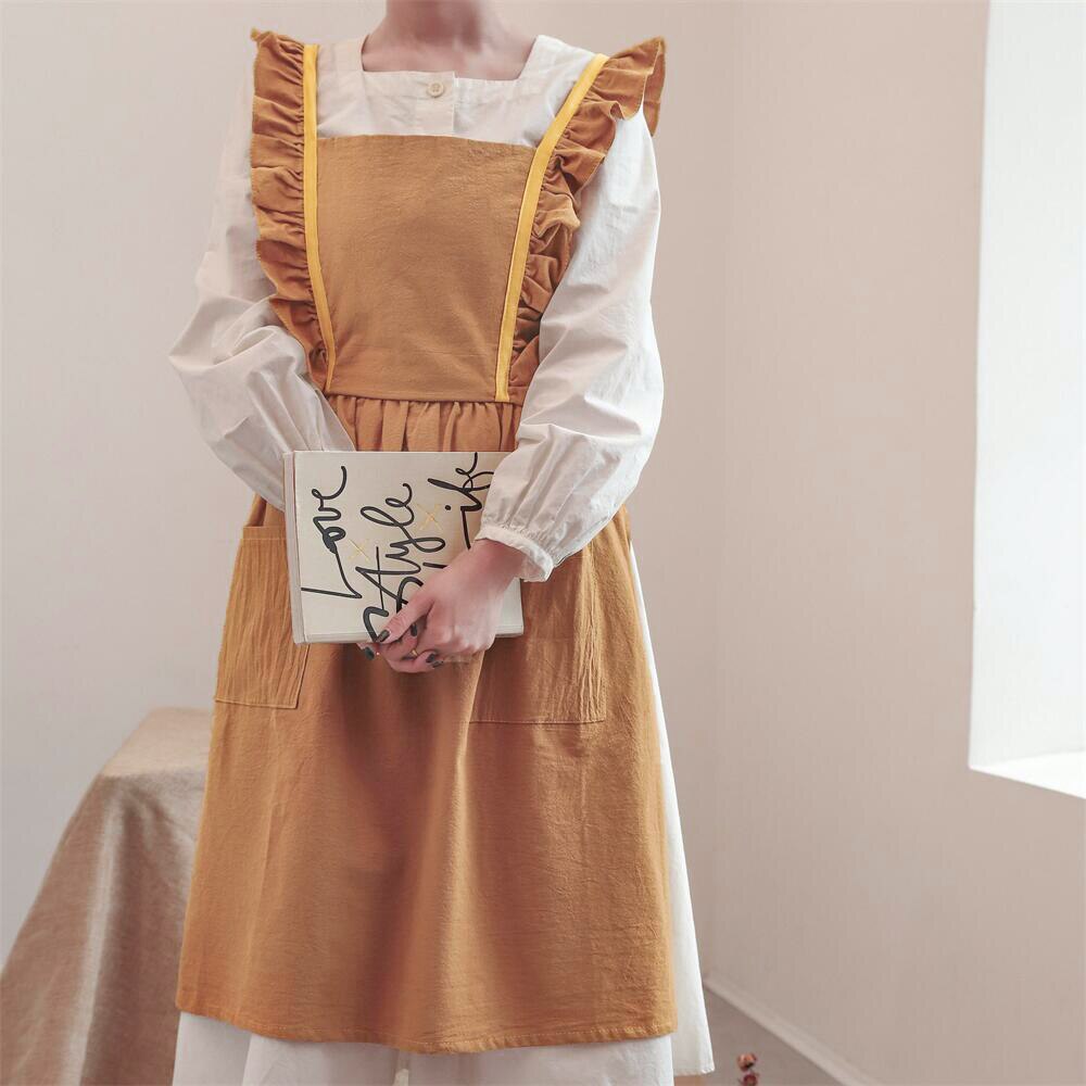 Neue Gewaschen Baumwolle Leinen Küche Schürze Für Kochen Backen Blume Einkaufen Rüschen Arbeit Sauber Schürze für Frau Uniform Dame Kleid: B5
