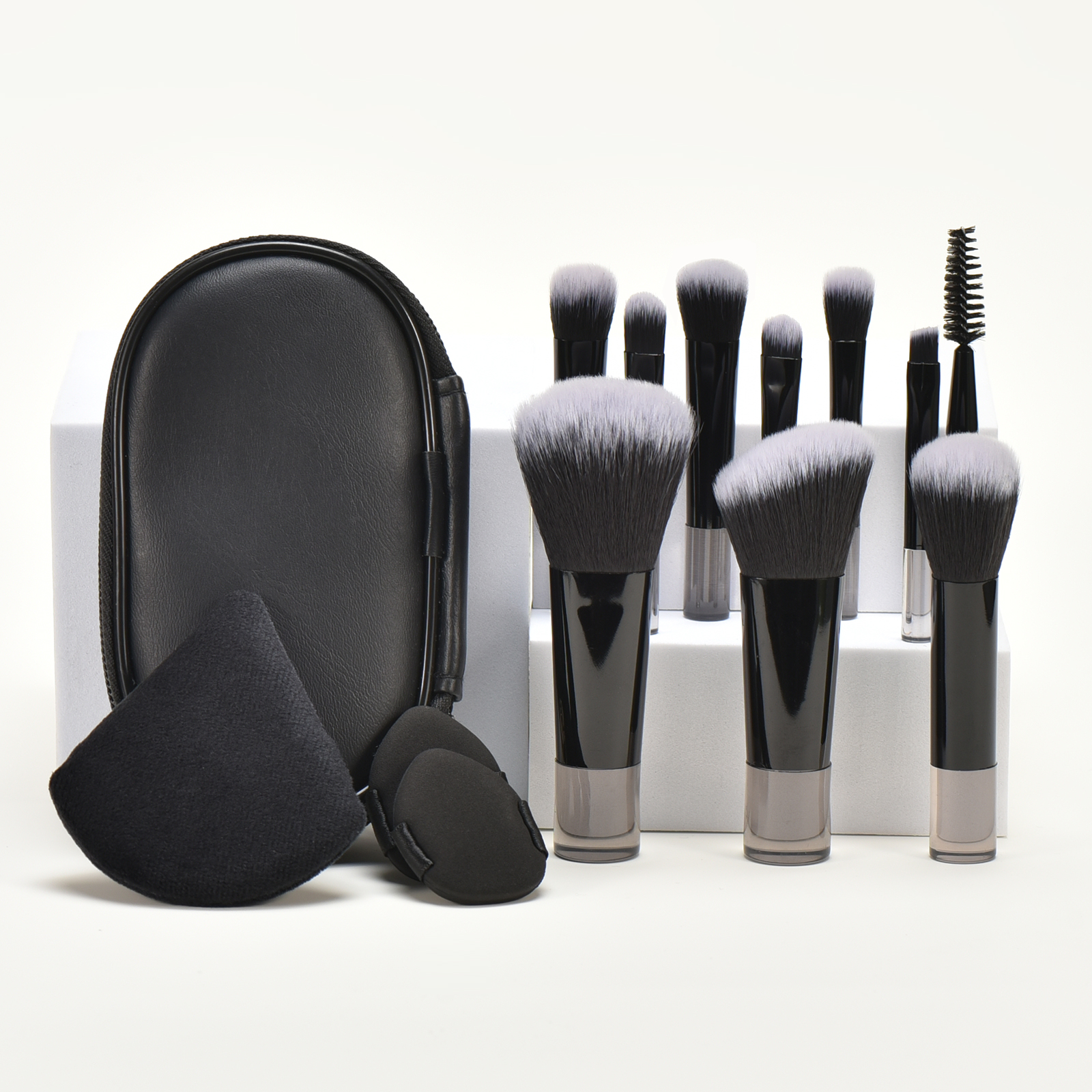 10 Mini brocha de maquillaje negra, herramienta de maquillaje portátil de viaje, esponja de maquillaje, brocha de palma, juego de herramientas de maquillaje