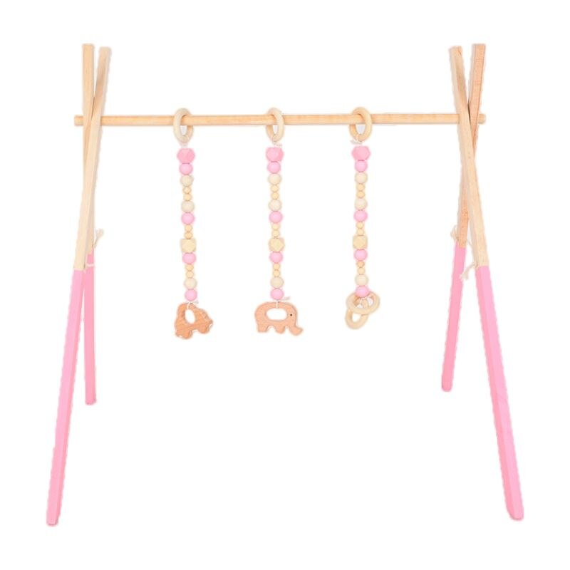 1Set Nordic Cartoon Baby Toys Wooden Gym Fitness Frame Rack with Hanging Pendant Teethers Toddler Infant Room Decor: Pink